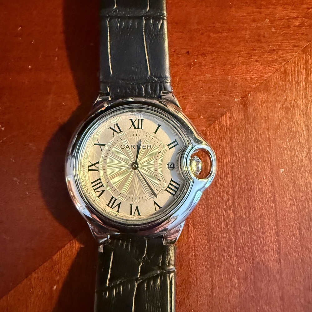 Cartier Round Silver Dial Watch with Black Leather Strap